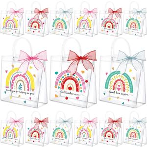 SilTriangle 30 Pcs 2026 Teacher Appreciation Gift Bags Bulk with Handle 7.8 x 7.8 x 3.1'' Reusable Clear Teacher Gift Bag with Bow Ribbon Thank You PVC Plastic Bag for Graduation Party Supply(Fresh)