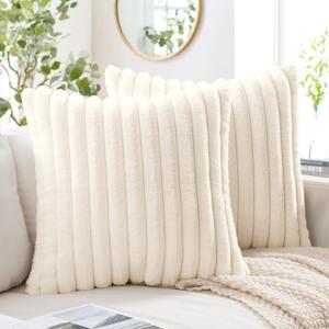 MIULEE Faux Fur Christmas Decorative Throw Pillow Covers 20x20 Inch Set of 2, Modern Spring Home Decor Soft Plush Couch Pillows Cozy Fluffy Cushion Covers for Sofa Bed Beige (Cream)