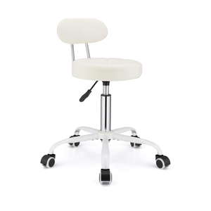PU Leather Rolling Stool with Back Support Height Adjustable Swivel Stool Chair with Wheels Drafting Chair for Spa Slaon Massage Stable Base Foot White