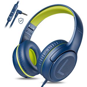 Kids Headphones for School Toddler Wired with Microphone Plug in Bulk Boys Headset Girls 3+ Year Old Blue Green shareport Phones Teen Volume Control Airplane Two People Childrens Babies