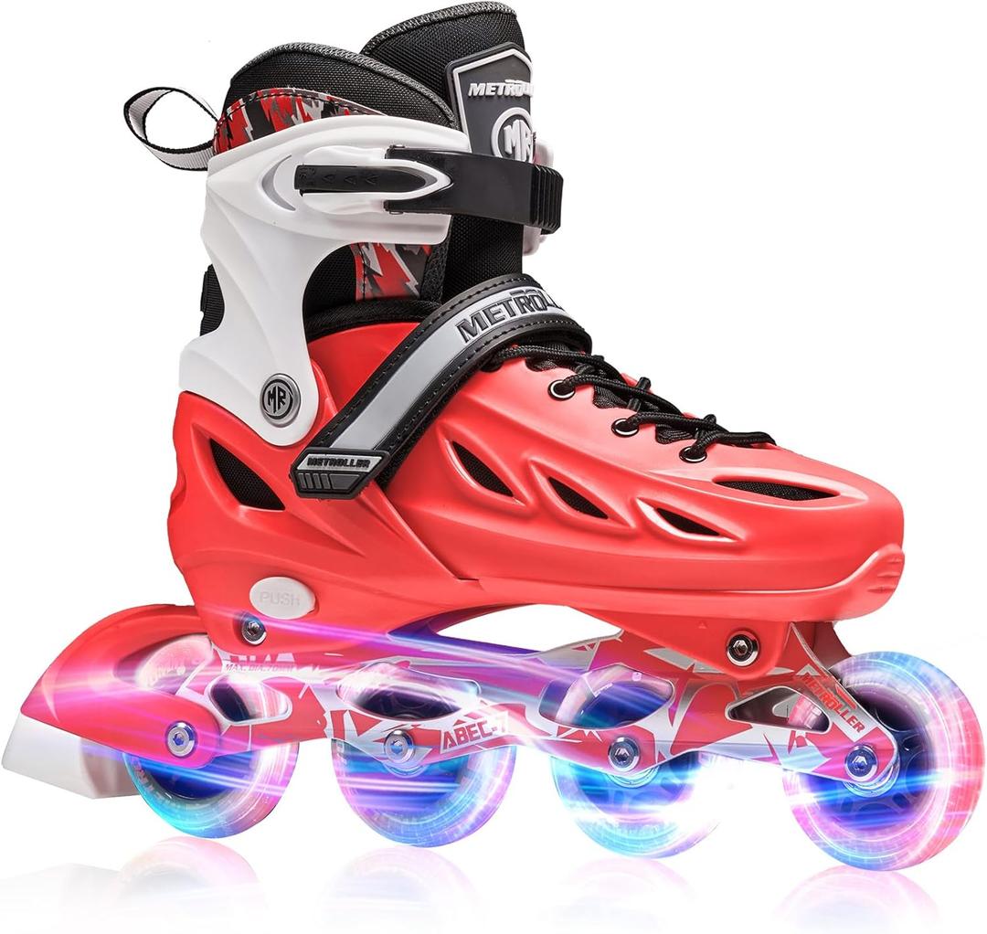 METROLLER Inline Skates for Girls and Boys, Women, Men 4 Sizes Adjustable Inline Skates with Light Up Wheels, Illuminating Beginner Skates for Kids 5-8 8-12 & Adult Youth. (Red)
