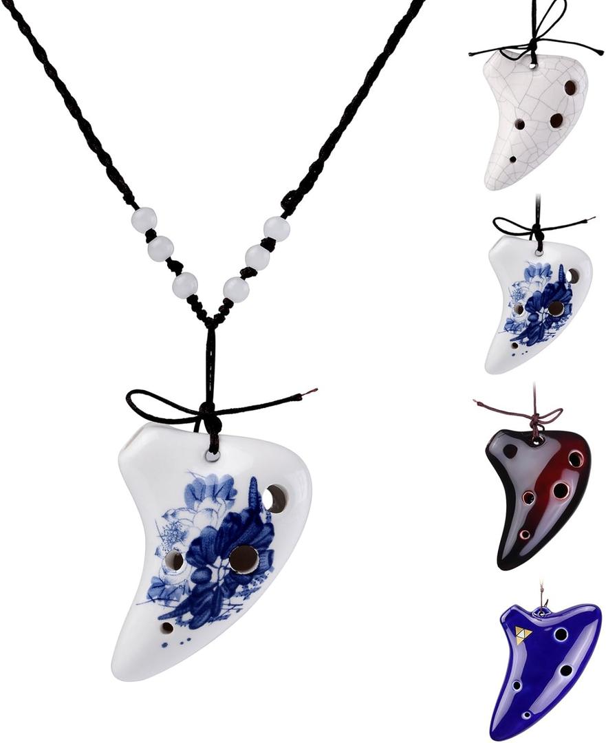 LMS 6 Hole Ceramic Strawfire Mini Ocarina Legend of Zelda Triforce Design with Free Tutorial Songbook (Blue & white)