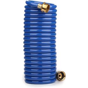 Heavy-Duty EVA Coil Garden Hose with GHT Solid Brass Fittings, Water Hose with Brass Connectors, for Garden Lawn Watering, Car Washing (20FT, Blue)