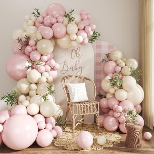 Dusty Pink Balloon Arch Garland Kit 124Pcs Boho Blush Neutral Pink White Sand White Balloons Different Size for Girls Baby Shower Birthday Wedding Gender Reveal Party Decorations