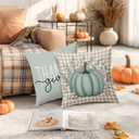 BBOLDIN Fall Thanksgiving Throw Pillow Covers 18x18, Fall Plaid Blue Teal Turquoise Pumpkin Pillow Cases Set of 4, Halloween Autumn Cushion Covers Decorations for Home Porch Bedroom