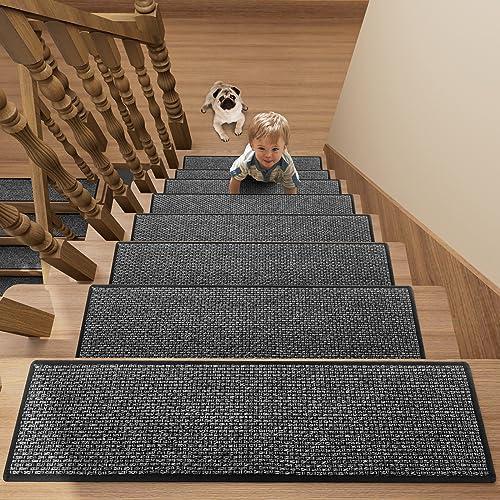 Stair Treads Carpet for Wooden Steps with Non Slip Rubber Backing, 100% Polyester Soft Stairs Resistant Indoor Skid Runner Safety Rugs for Kids Elders and Pets (1, Dark Gray, 30" * 8")
