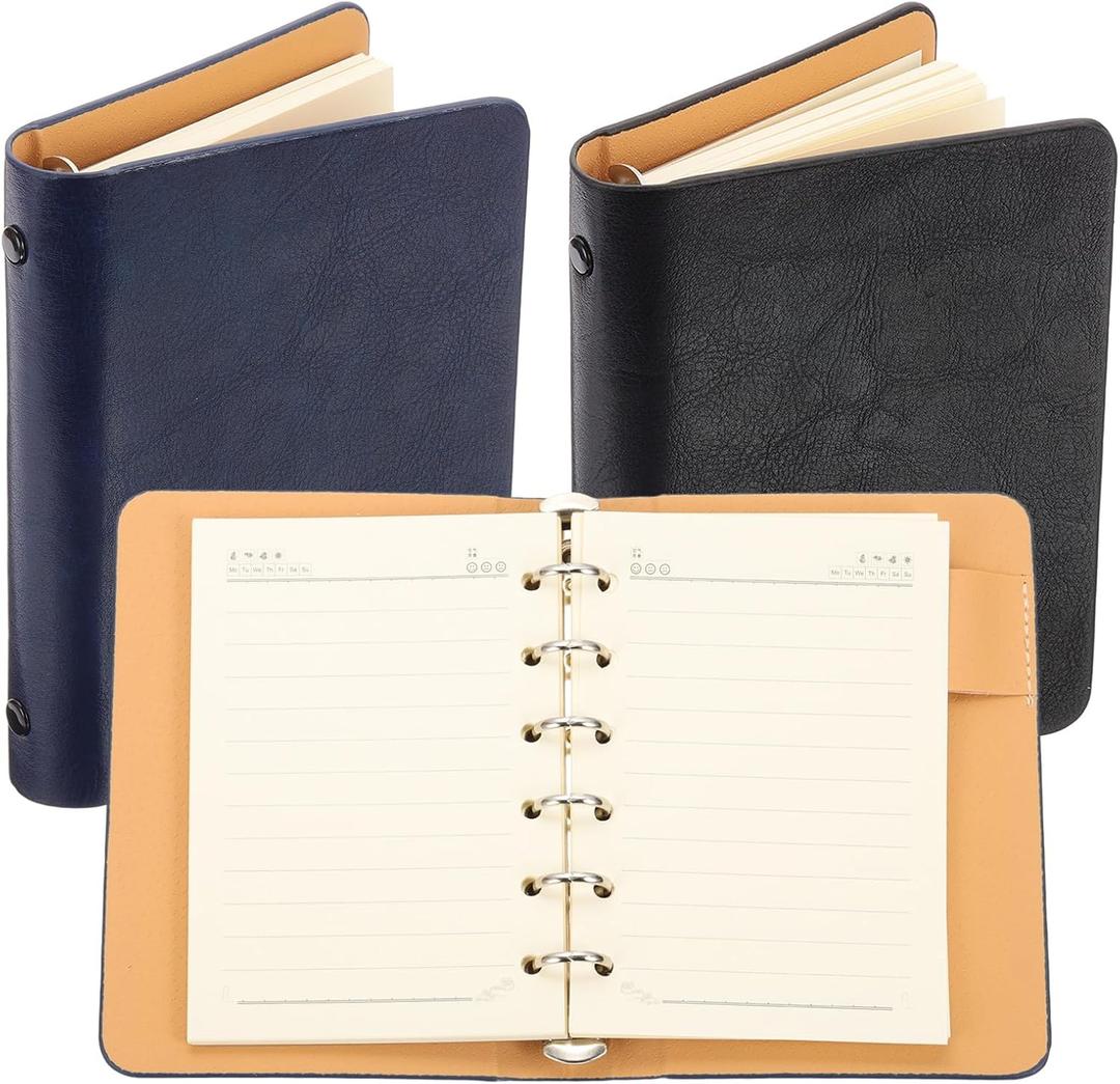 PATIKIL 6 Ring Binder Cover, 2 Pack A7 Leather Notebook Binder Mini Refillable Loose Leaf Personal Planner with 50 Sheets Line Paper, Blue/Black