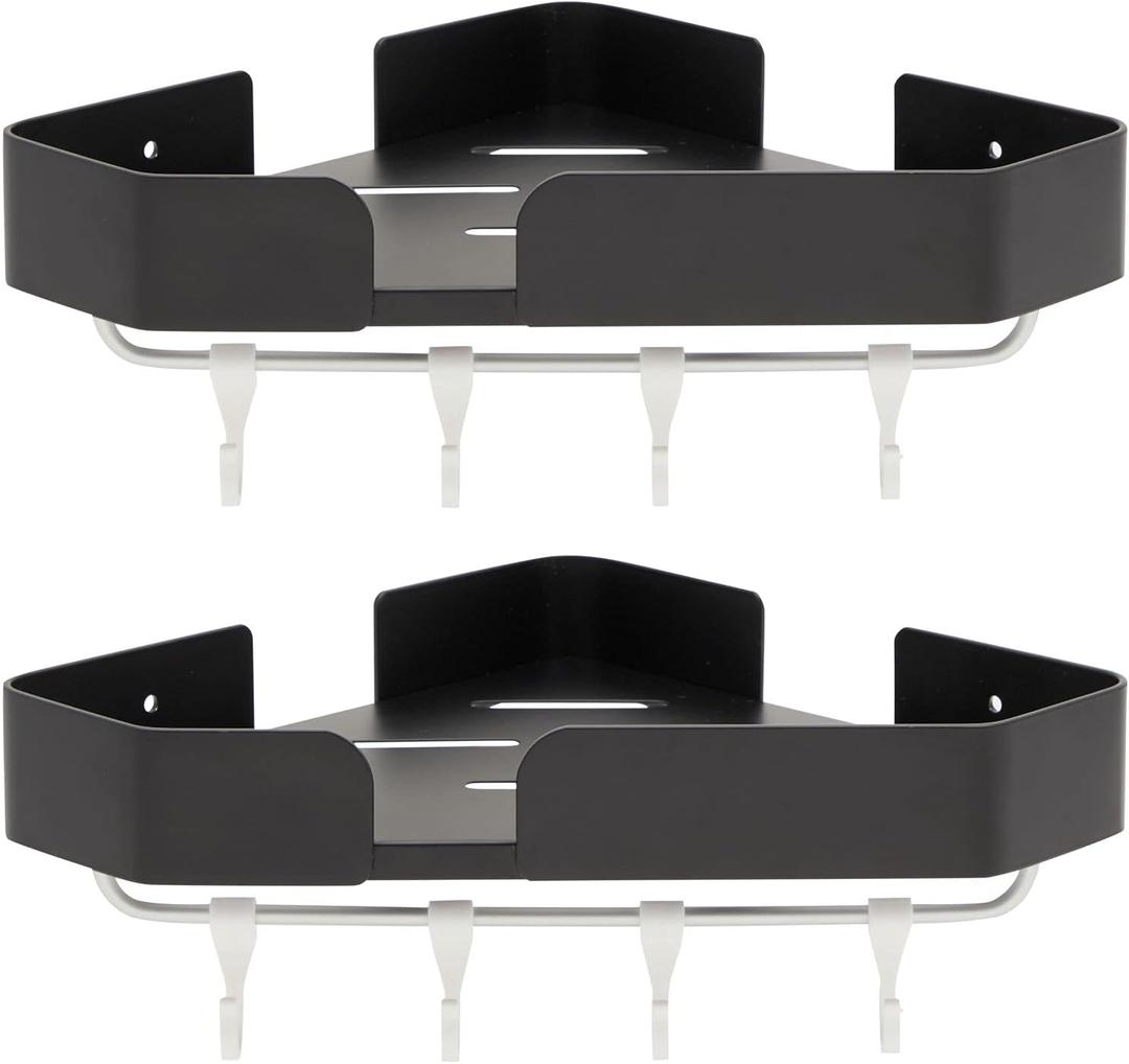 Juvale Bathroom Corner Shelves with Hooks, Wall Mounted Shower Caddy (12.5 x 8.2 In, Black, 2 Sets)