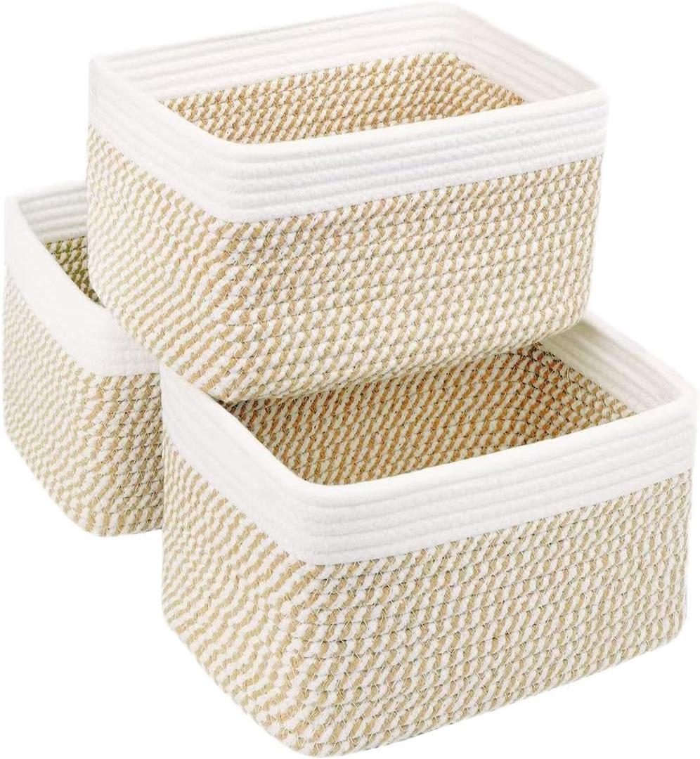 Small Cotton Rope Storage Basket Set of 3-11"x7"x7" Perfect Woven Baskets for Storage, Ideal Storage Baskets for Organizing Toys, Towels, and More - Baskets for ShelvesWhite & Mixed Camel