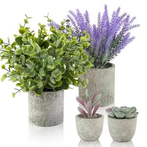 ALAGIRLS 3 Packs Fake Plants Small Artificial Plants for Shelf Lavender Flowers Eucalyptus Succulents Plants Potted Faux Plants for Home Indoor Office Bathroom Living Room Decor