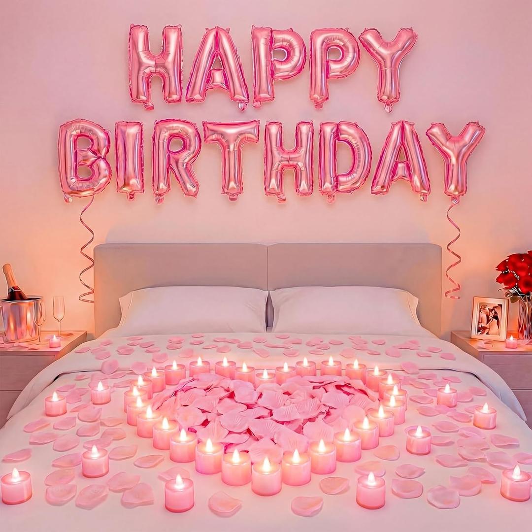 Pink Happy Birthday Balloons Decorations Happy Birthday Letter Balloons Banner Set with 24pcs Round Flameless LED Candles and 2000pcs Artificial Rose Petals for Women Men Room Party Decor
