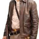 Men's Raiders of The Lost Harrison Jones Vintage Brown Bomber Leather Jacket Genuine Cowhide Distressed Leather Jacket (Medium)