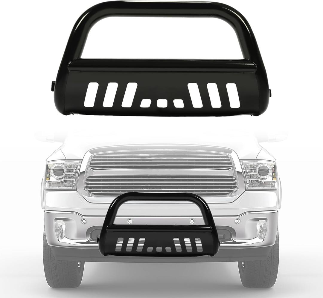 ECOTRIC Front Bull Bar Bumper Grille Guard Protector w/Skid Plate Compatible with 2009-2018 Dodge Ram 1500 2019-2025 Dodge Ram 1500 Classic Brush Guard Brush Push Bar Steel Light Mount