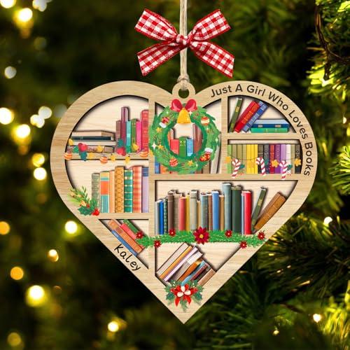 Just a Girls Who Love Books Ornament, Reading Book Lover Wooden Ornaments for Christmas Tree Decoration, Book Theme Reading Books Ornaments Gift for Teacher, Reader, Bookworm Pack of 2