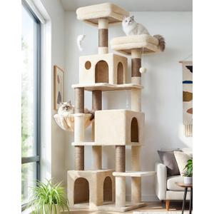 Globlazer Cat Tree Tall, 71 inches Cat Tower for Indoor Adult Cats Multi-Level 3 Condos for Indoor Cats XL Cat Tree Tower with Scratching Posts, Soft Extra Large Hanging Basket, F71, Beige