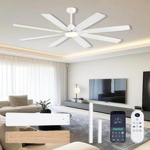 JSAITEE Ceiling Fan with Light and Remote/APP Control, 72 inch Large Low Profile Ceiling Fans for Living Room Patio, Quiet DC Reversible Motor, 6 Speed, 3CCT, Dimmable, Dual Finish 8 Blades, White