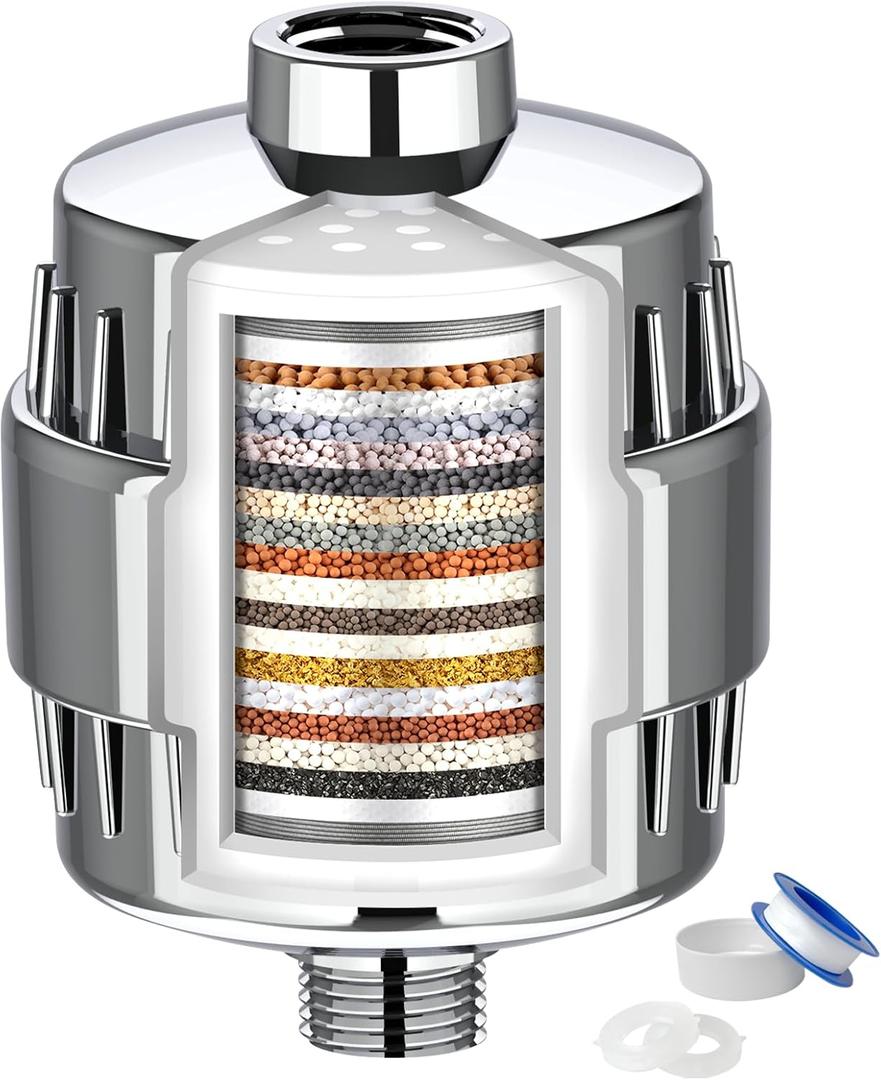 Shower Filter, 20 Stage Shower Head Filter for Hard Water, High Output Shower Water Filter to Remove Chlorine, Fluoride and Other Impurities, Improves Skin Condition (Chrome)