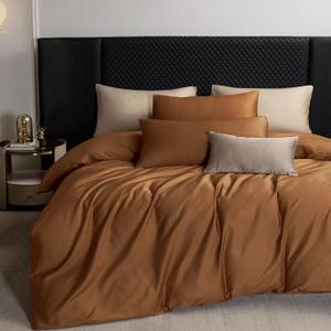 MooMee Duvet Cover Set 100% Extra Long Staple Cotton 600 Thread Count Silky Sateen Smooth Luxury Soft Breathable Durable Hotel Quality Bedding, 3 Pieces (Dark Orange, King 104"x90")
