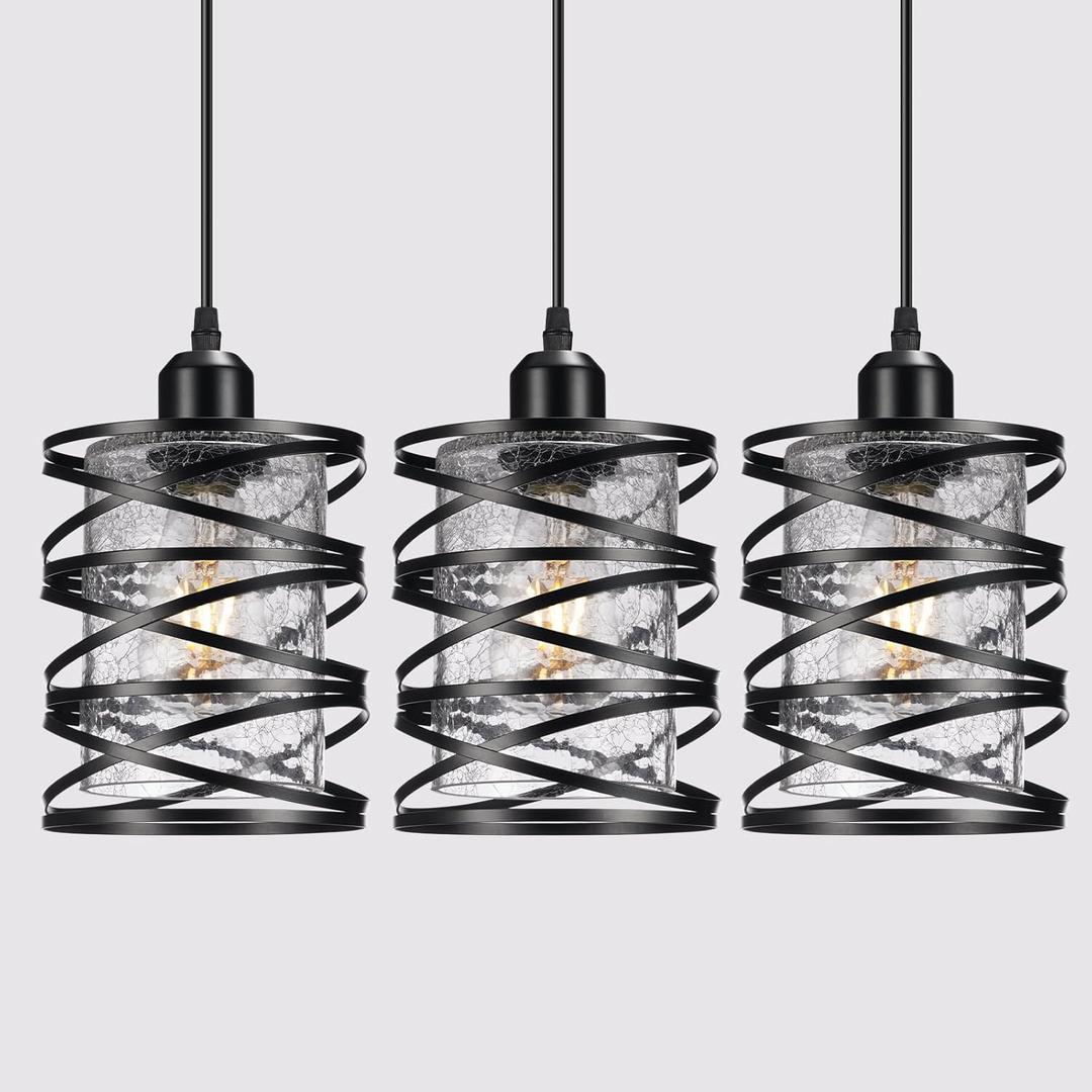3 Pack Black Farmhouse Pendant Lights Kitchen Island Decor, Modern Crackle Glass Over Sink Pendant Light Fixture, Adjustable Bar Lights Hanging Light for Dining Room, Bedroom, Entryway, Porch, Hallway