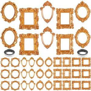 Teenyyou 40 Pcs Mini Gold Picture Frames with Magnetic Tape Small Vintage Resin Antique Miniature Tiny Frames DIY Baroque for Photo Jewelry Home Wedding Decor