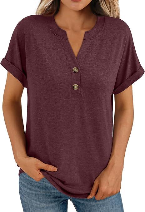 AUTOMET Women's Short Sleeve Shirts Henley Dressy Casual Summer Tops 2025 Trendy Blouses Cute T-Shirts Outfits Clothes Size M