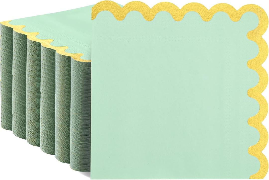 2 x LIYH 200Pcs Green Napkins Cocktail Napkins 2 Ply Paper Disposable Floral Party Napkins Gold Scalloped Edges Table Cloths for Bridal Shower Birthday Party Christmas New Year