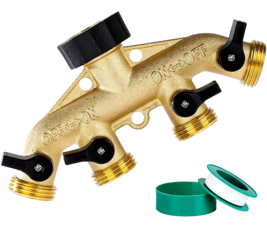 Dalmbox Garden Hose Splitter 4 Way, Water Hose Splitter, 3/4" Heavy-Duty Brass Garden Hose Splitter, Includes 5 Rubber Washers & Teflon Tape(1 pack)