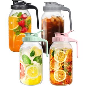 64oz Large Glass Pitcher with Lid & Spout,2 Quart Breastmilk Pitcher Upgraded Leak Proof, for Sun Tea, Iced Juice, Cold Brew Coffee, Breastmilk Storage Container-4PACK(Black+Gray+Pink+Green) (EXP 08/13/26)
