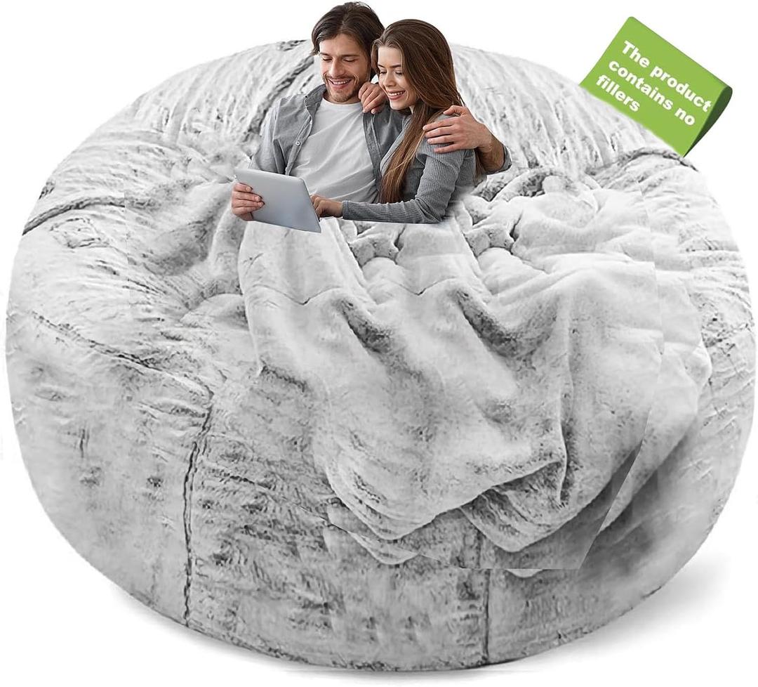 No Filler Bean Bag Chair Cover Without Filler,Big Round Soft Fluffy PV Velvet Washable Bean Bag Lazy Sofa Bed Cover for Adults,Living Room Bedroom Furniture Outside,5ft Snow Grey