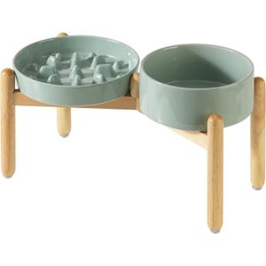 Ceramic 3.2 Cup Raised Slow Feeder Dog Bowl Set, Elevated 8.2inch Bowl and 9.5inch Slow Pet Food Dish with Wooden Stand for Large Dog (2 x Light Green+ Stand)