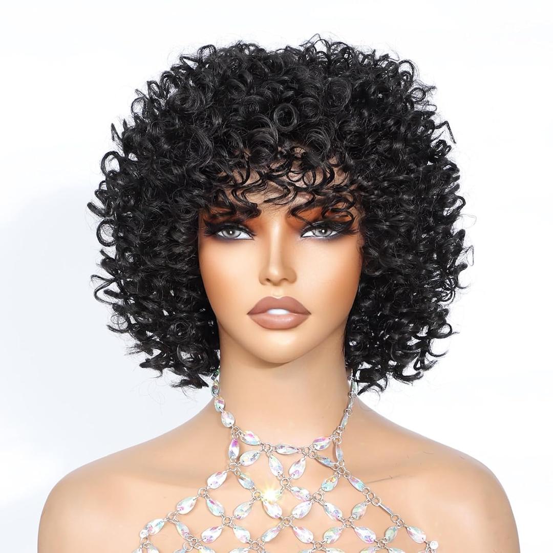 Black Short Afro Curly Wigs with Bangs for Black Women Glueless Bouncy Curls 6 Inch Bob Wig Chic Style Kinky Curly Beginner Friendly Synthetic Heat Resistant Big Curls
