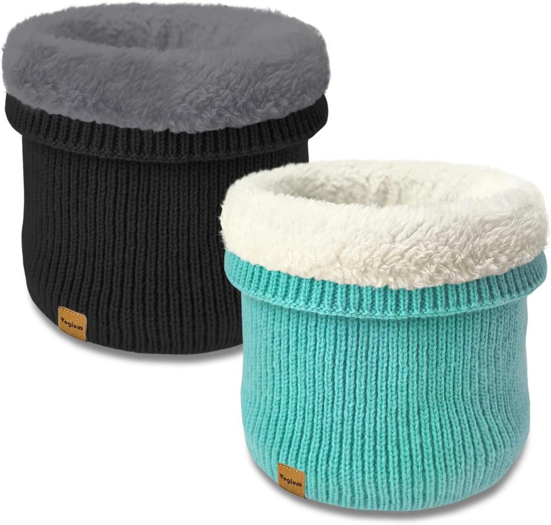 Unisex Kids Fleece-Lined Ribbed Thermal Knit Neck Warmer Gaiter | Dual Layer Winter Scarf Face Cover for Skiing Hiking (Black/Lake Blue)