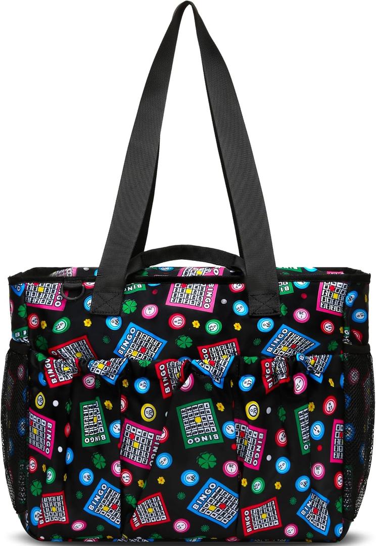 Bingo Tote Bag with Pockets for Daubers and Accessories (Black/Red/Green)
