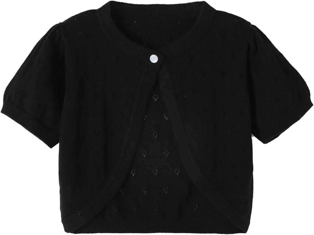 Girls Cardigan Sweater, Childrens Kids Toddler Bolero Shrug, Button Cover Up Cropped Tops (18-24 Months, Black-short Sleeve)