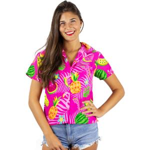 Women's Blouse-Shirt Short-Sleeve Casual-Button-Down Hawaii-Vacation Flamingo-Melons Fruity (X-Large)