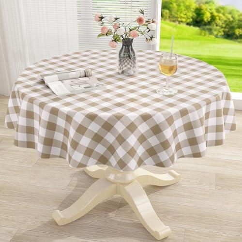 misaya Round Waterproof Vinyl Table Cloth, Buffalo Flannel Backed Tablecloth, Wipeable Plastic Table Cover for Dinner, Kitchen, Outdoor (70", Khaki and White)