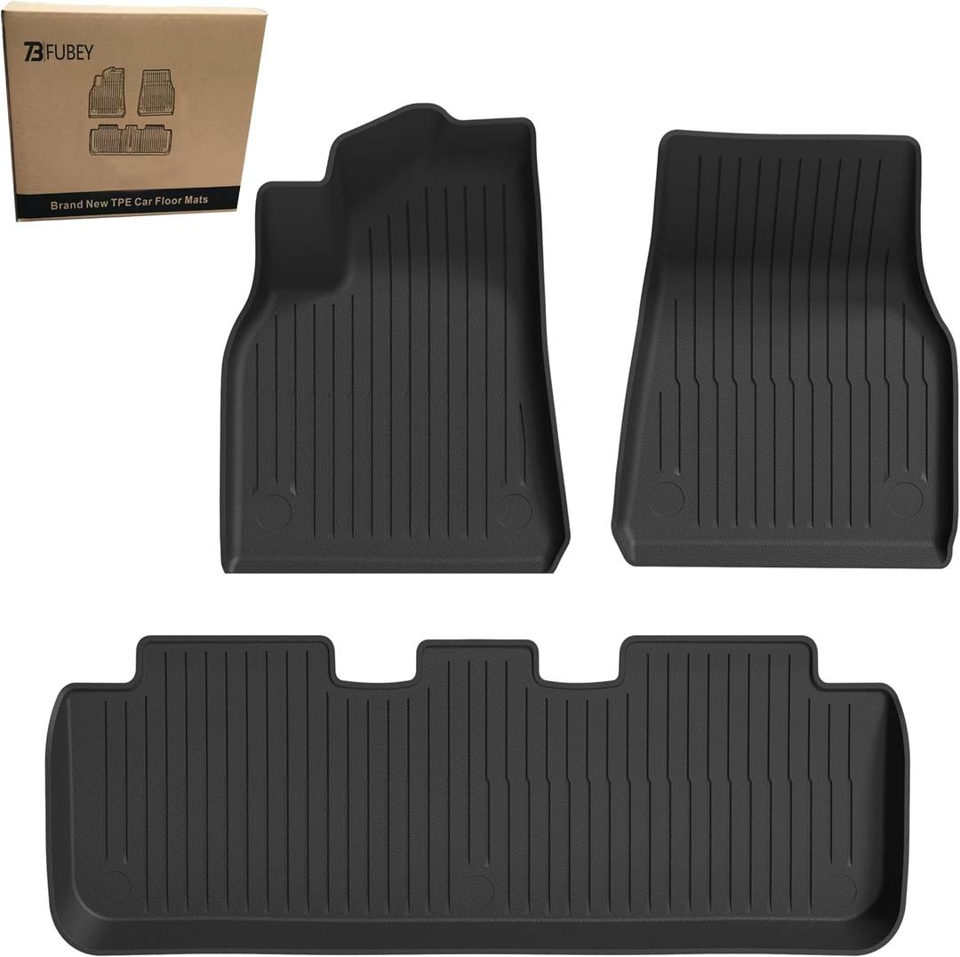 Floor Mats for 2020-2024 Tesla Model Y 5-Seat, 3 PCS Tesla Model Y Accseeories Front & Rear Set, Precision Custom All-Weather TPE Waterproof Floor Liners