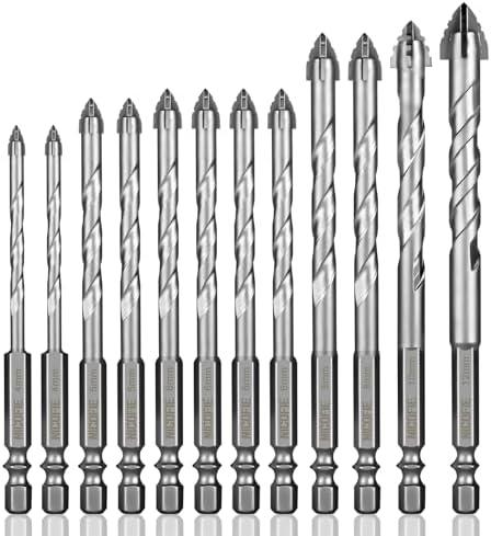 12 Pcs Concrete Carbide Drill Bits Set Hex Shank Masonry Cement Tile Drill Bit Set Hex Shank for Glass/Brick/Plastic/Wood/Procelain/Aluminium/Tile 5/32"-1/2"