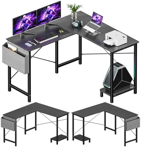 Sweetcrispy L Shaped Computer Desk - Corner Gaming PC Table with CPU Stand Side Bag for Home Office Dorm Sturdy Writing Studying Workstation Modern Simple Reversible, 50-Inch, Inky Black