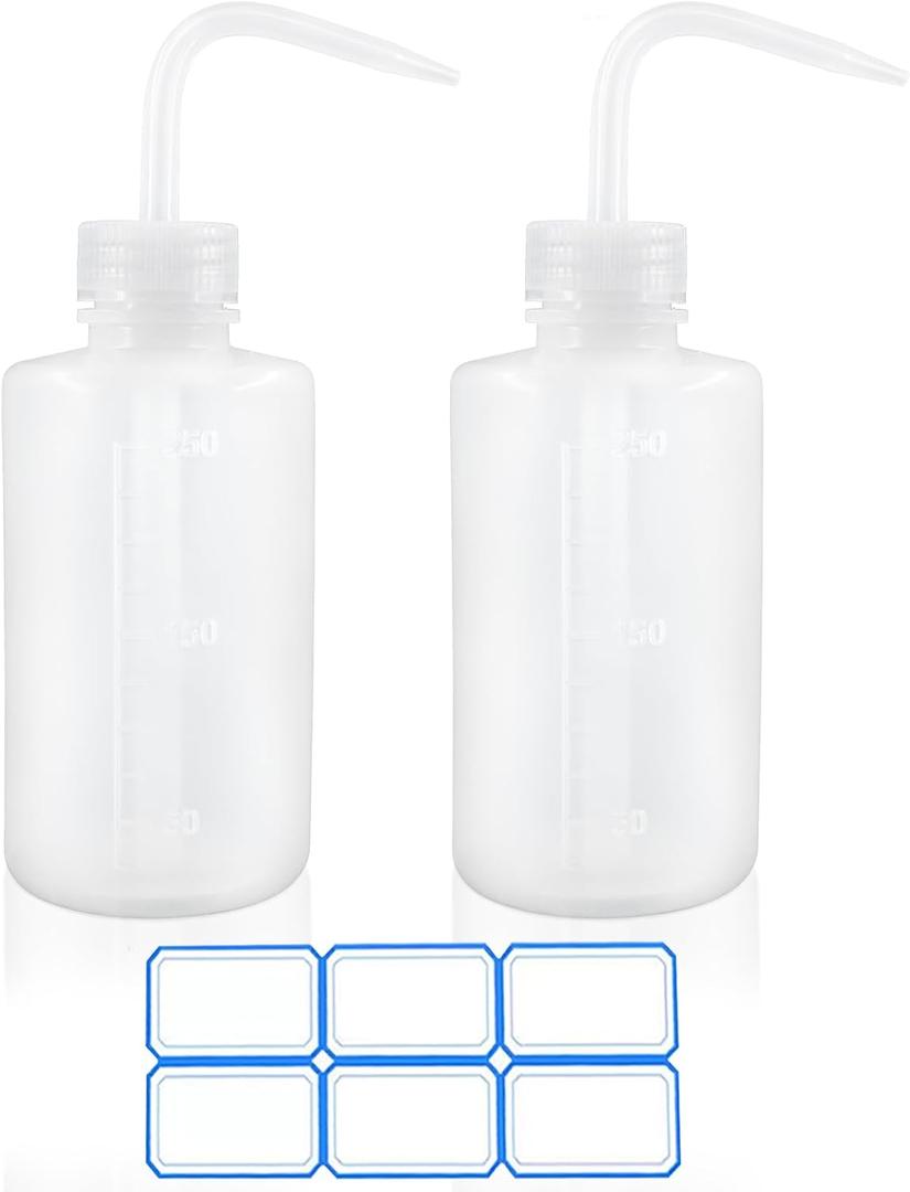2 Pack 8oz (250ml) Wash Bottles with Narrow Mouth and Labels - Ideal for Medical Use, Succulent Care, Cleaning, and Washing