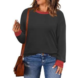 DOLNINE Womens-Plus-Size-Sweatshirts Color Block Long Sleeve Tops Fall Casual Crewneck Shirts Trendy Loose Fit Tunics XL-5XL (Black, XL)