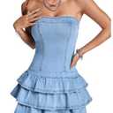 WDIRARA Women's Strapless Layered Ruffle Denim Dress Bandeau Slim Fit Mini Dresses Blue Large