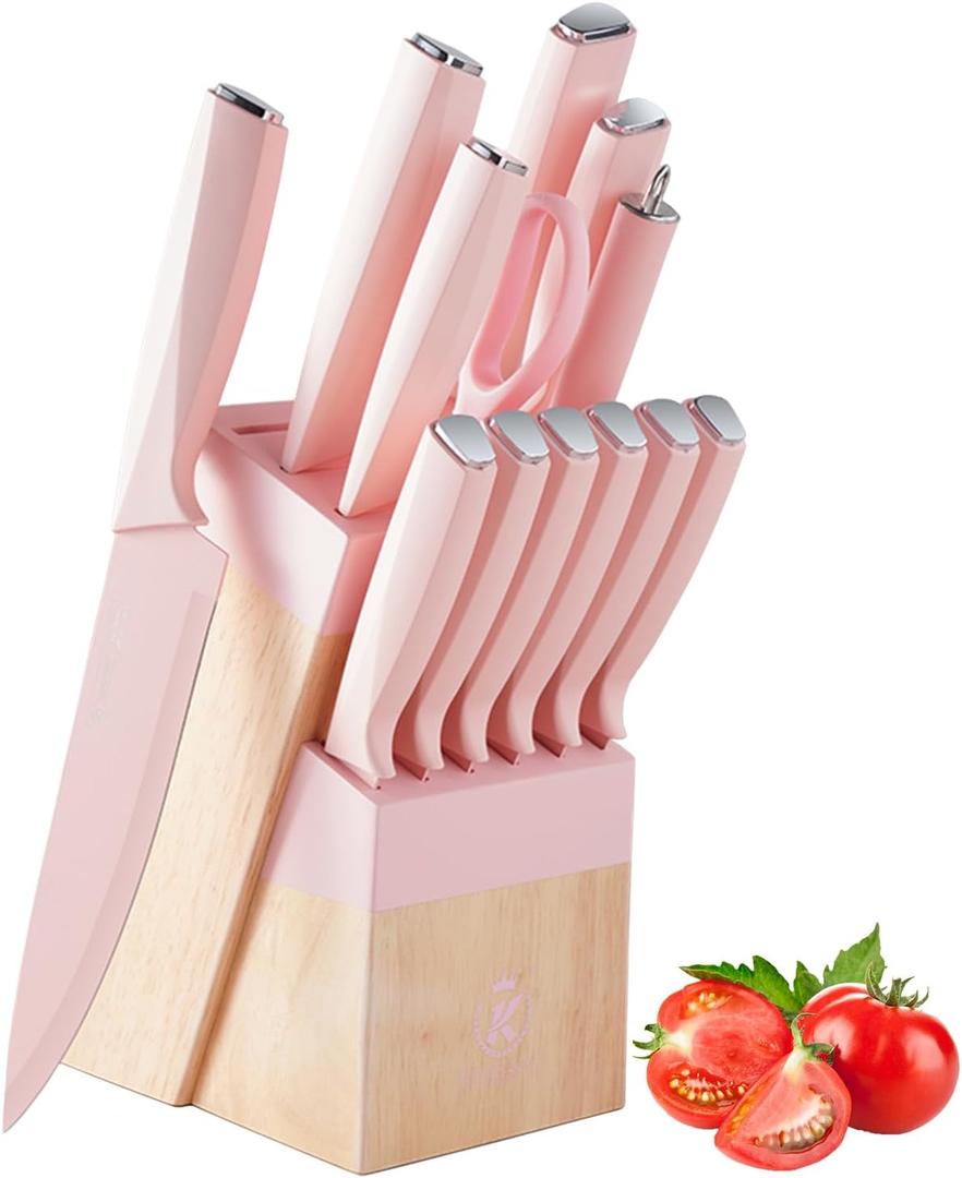 Knife Set, 14-Piece Kitchen Knife Block Set Dishwasher Safe with Wood Block,Sharpener,Non Stick Sharp Stainless Steel Chef Knife Sets,Gift for Cooking (Pink)