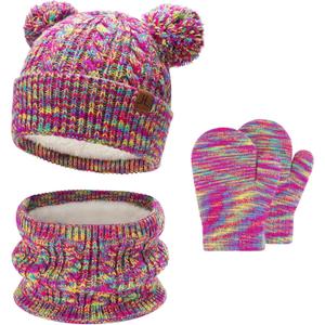 Kids Toddlers Winter Beanie Hats Gloves Neck Scarf Set Mittens Gifts for 0 6 12 Months 1 2 3 4-8 Year Old Baby Girls Boys (Baby Rose Red)