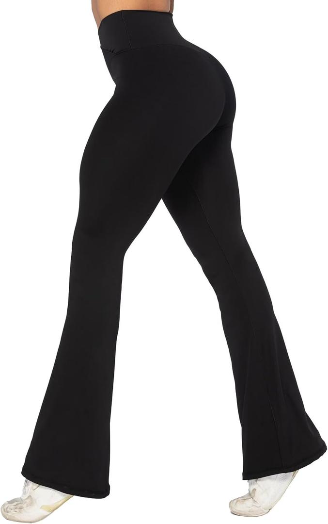 Sunzel Womens Flare Leggings No Front Seam Flare Yoga Pants with Tummy Control Crossover High Waist - 30" (Medium, Black)