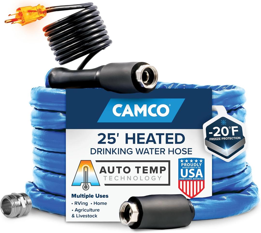 Camco 25-Ft Heated Water Hose for RV - Water Line Freeze Protection Down to -20F/-28C - Features Energy-Saving Thermostat & Includes Adapter for Connection to Either End of Hose (22911)