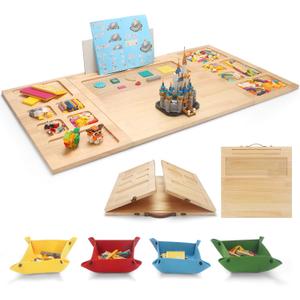 Tri-fold Building Tray for Lego with 4 Bricks Sorting Trays, Large Wooden Building Baseplate Table for Adults & Teens, Portable Folding Activity Station for Construction & Storage, 21 x 41 x 1 inches