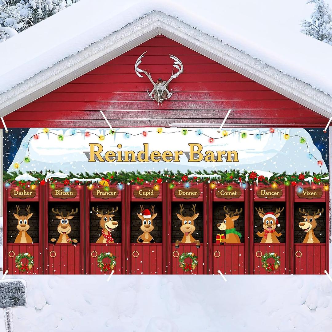 6 x 13 ft Christmas Garage Door Banner Decoration Magnetic Double Garage Door Covers Large Xmas Backdrop Decorations for Holiday Outdoor Indoor Party Decor(Reindeer Barn)