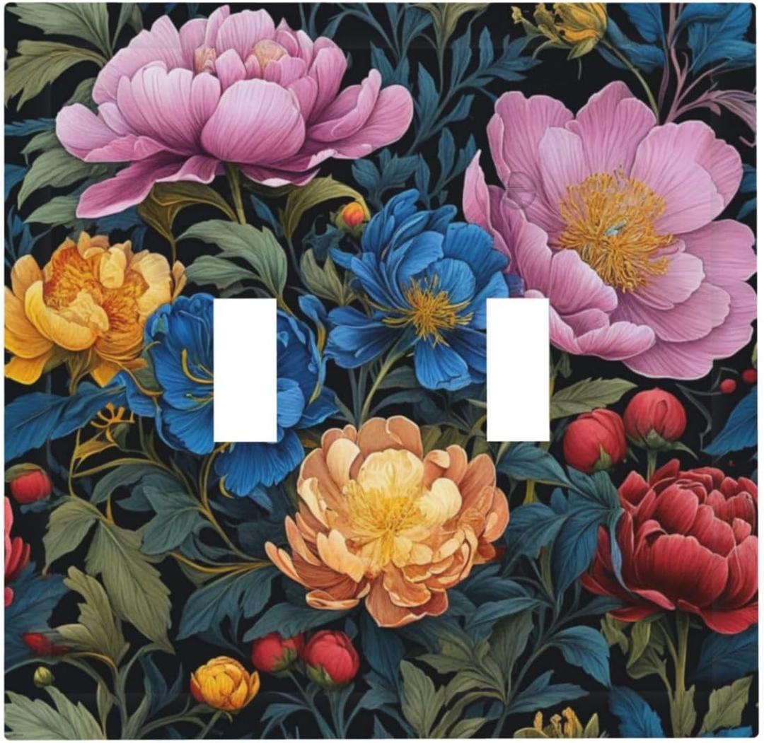 3 x Decorative Light Switch Plate Covers Big Yellow Pink Flowers Blue Red Floral Green Leaf 2 Gang Wall Plate Double Toggle Switch Cover Plate Electric Dual Device Electrical Faceplate