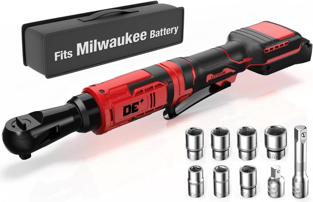 3/8 Inch Cordless Ratchet Wrench, for Milwaukee M18 Battery, 88Ft-Lbs, 0-400RPM, Electric Ratchet Wrench Set with Variable Speed Trigger, Reinforced Head, R&F Switch, 7 Sockets, 3/8" to 1/4" Adapter
